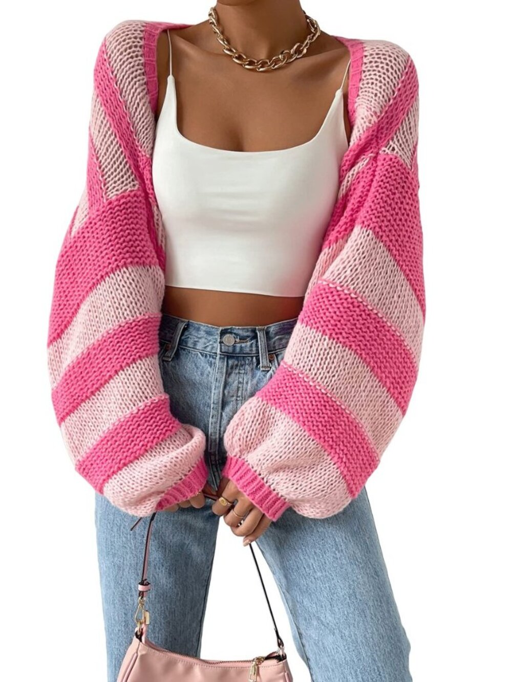 Women's Striped Cropped Cardigan Y2K Colorful Cable Knit Cute Sweater Cardigans